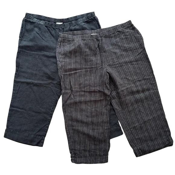 J.JILL 2 Pair 100% Linen Pull On Cropped Pants Black Striped & Black Solid SZ XL - Picture 1 of 11